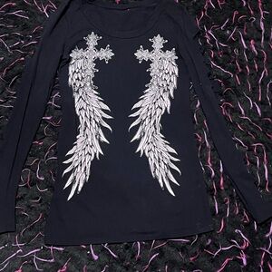 Black Long Sleeve Top with Silver Wing Design
